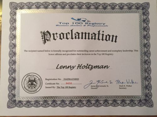 photo of certificate proclaiming Lenny Holtzman in top 100 registry