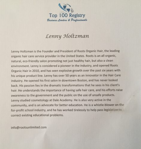 photo of letter to Lenny Holtzman, owner of Roots Organic Salon from the top 100 registry