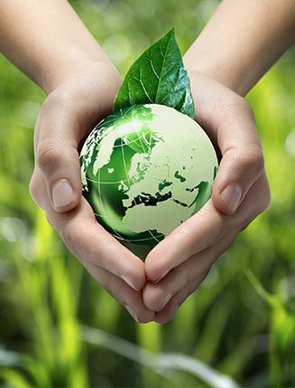 hands holding a small green globe with leaf in the background