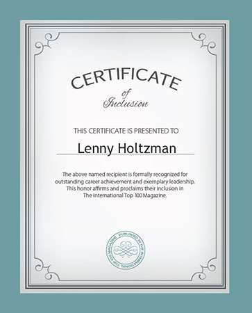 Lenny Holtzman International top 100 Magazine Certificate